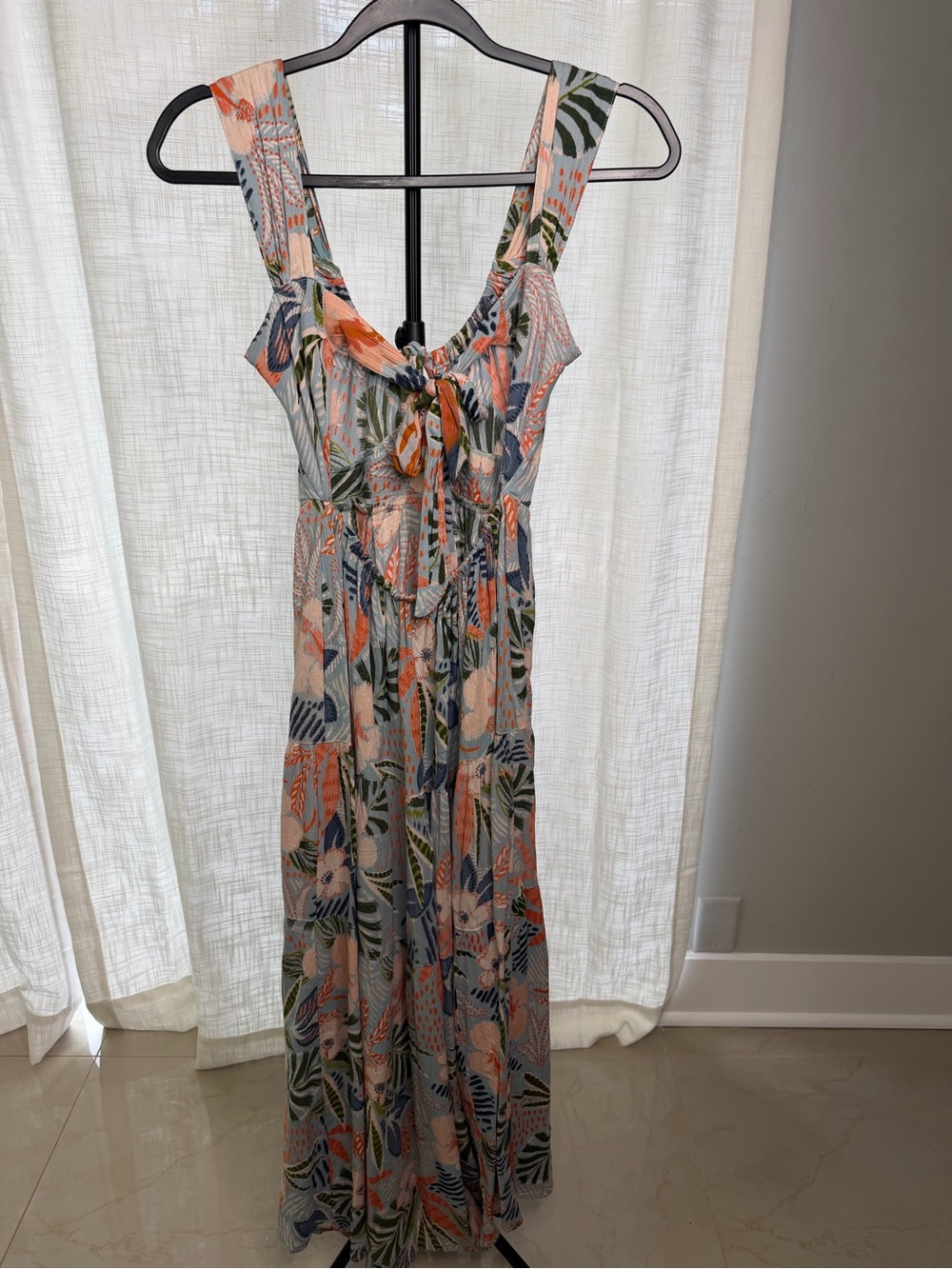Angie Tropical Print Tie-Front Maxi Dress in Peach, Green & Blue